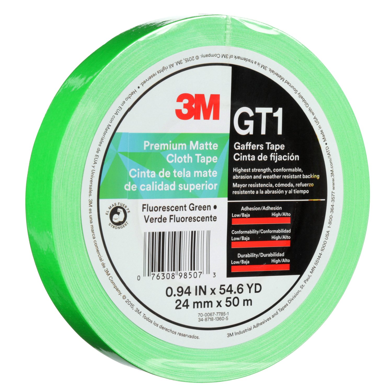 7010336130 - 3M Premium Matte Cloth (Gaffers) Tape GT1, Fluorescent Green, 24 mm x
50 m, 11 mil, 48/Case
