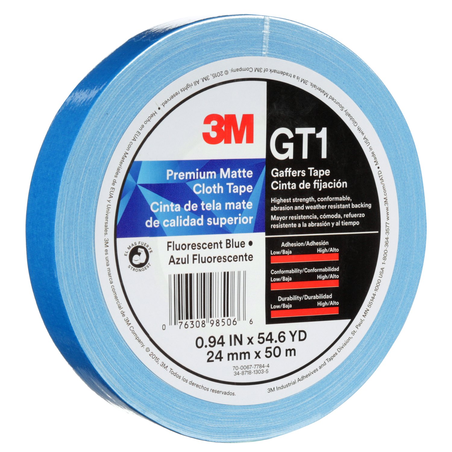 7010376458 - 3M Premium Matte Cloth (Gaffers) Tape GT1, Fluorescent Blue, 24 mm x 50
m, 11 mil, 48/Case
