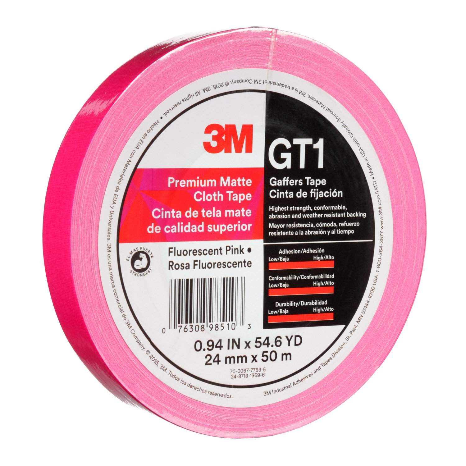 7010376460 - 3M Premium Matte Cloth (Gaffers) Tape GT1, Fluorescent Pink, 24 mm x 50
m, 11 mil, 48/Case