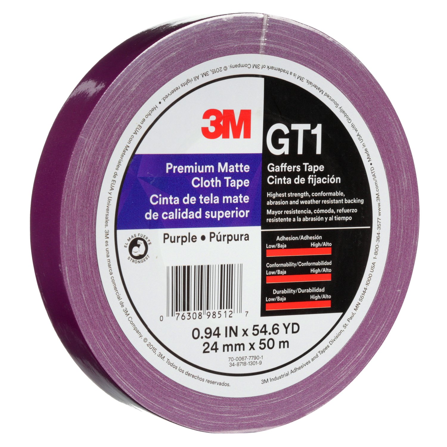 7010300508 - 3M Premium Matte Cloth (Gaffers) Tape GT1, Purple, 24 mm x 50 m, 11
mil, 48/Case