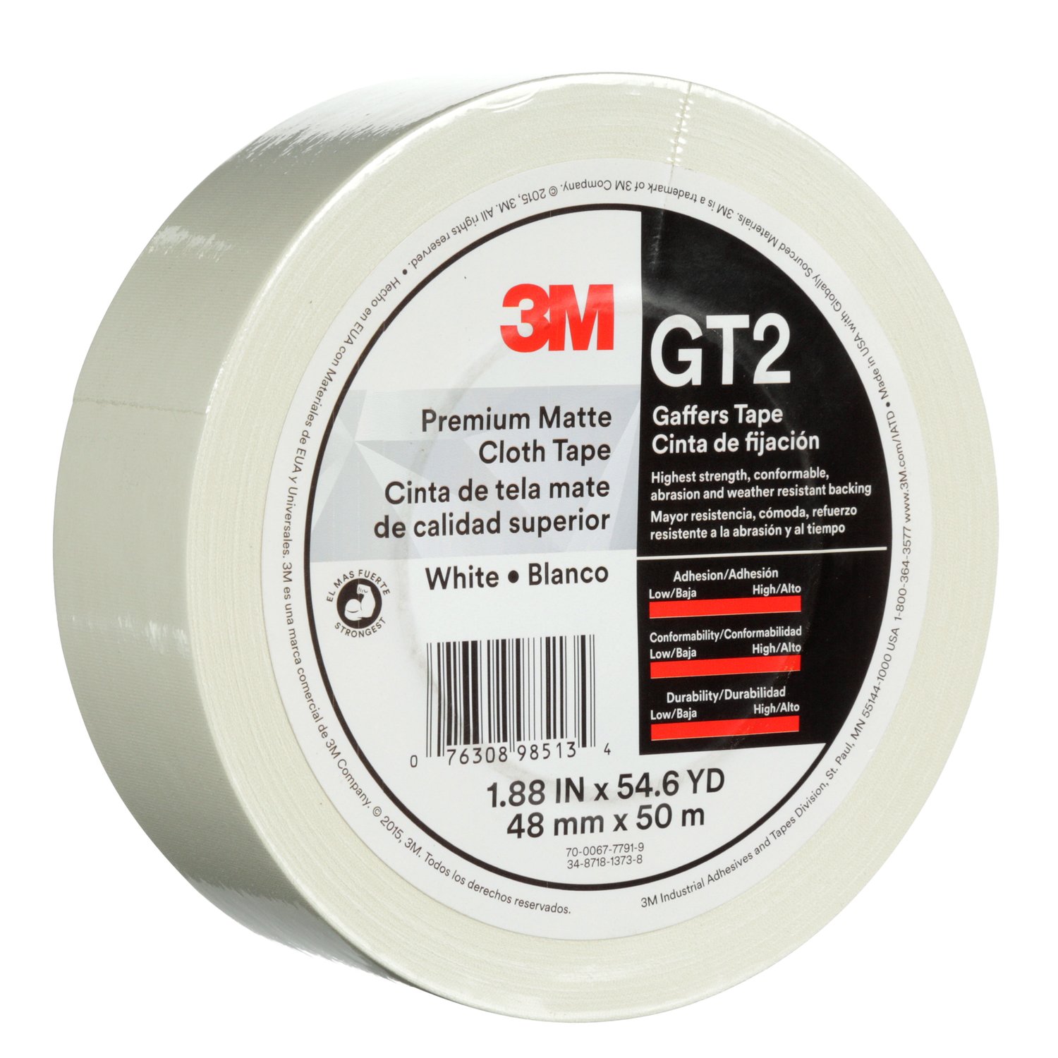 7010375514 - 3M Premium Matte Cloth (Gaffers) Tape GT2, White, 48 mm x 50 m 11 mil,
24/Case