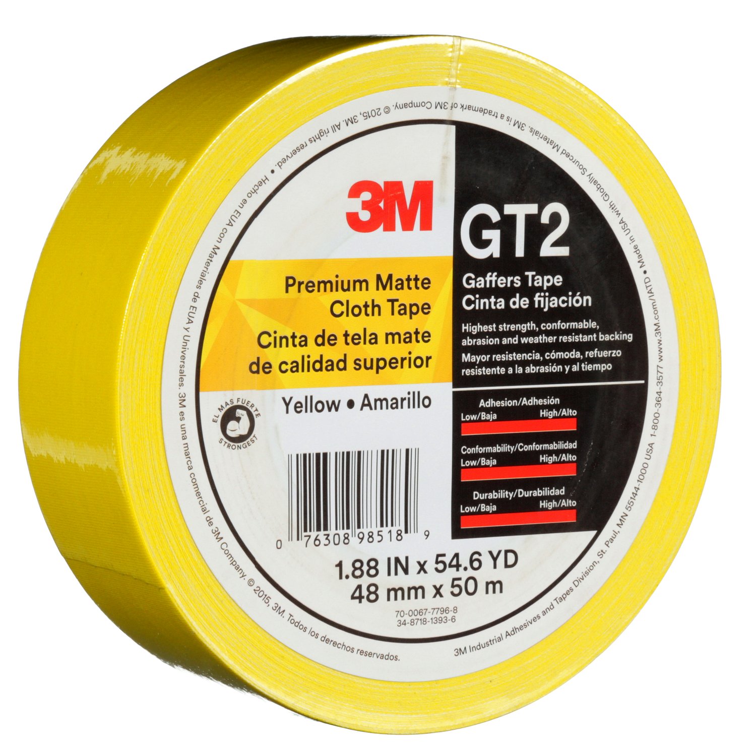 7010336133 - 3M Premium Matte Cloth (Gaffers) Tape GT2, Yellow, 48 mm x 50 m, 11
mil, 24/Case