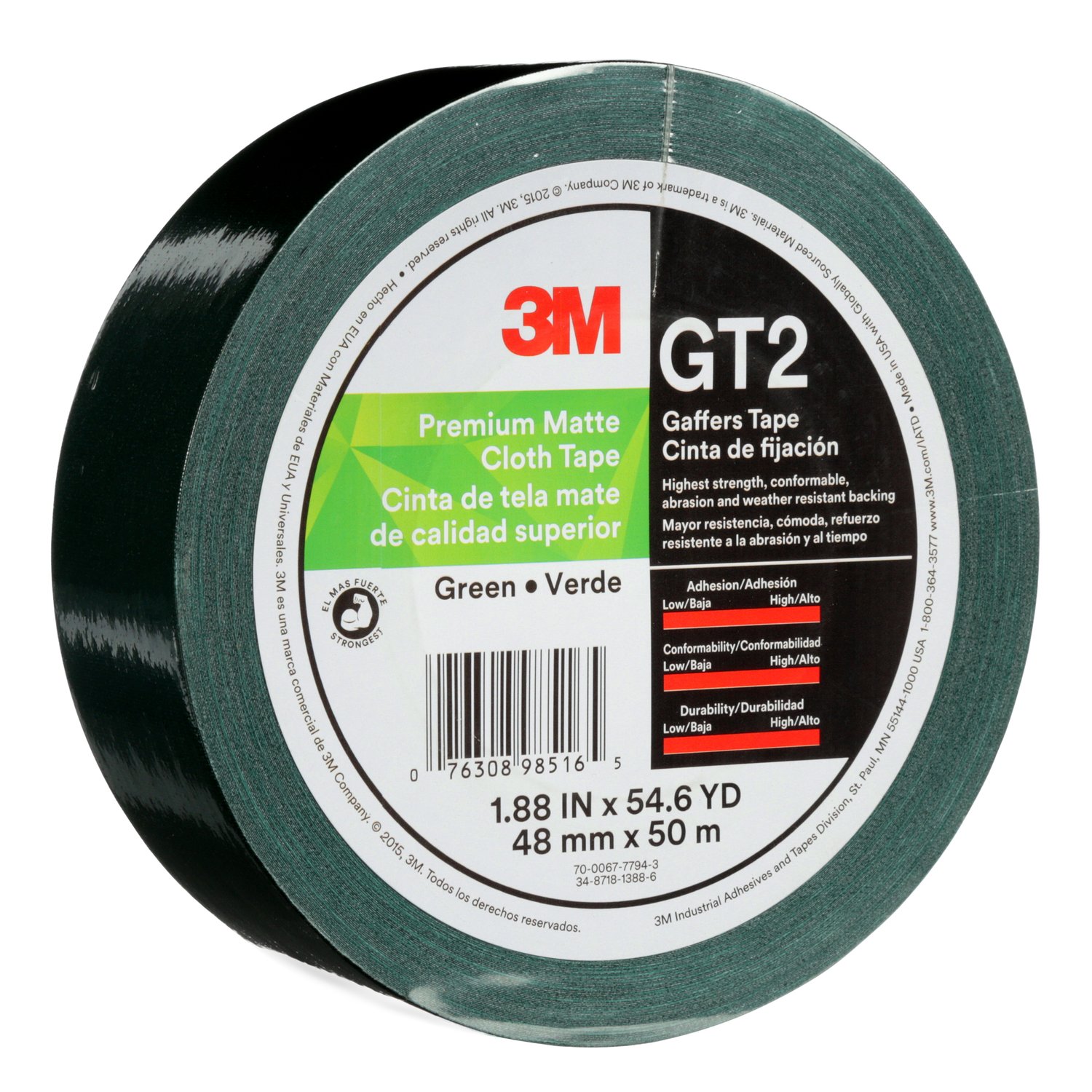 7010312516 - 3M Premium Matte Cloth (Gaffers) Tape GT2, Green, 48 mm x 50 m, 11 mil,
24/Case