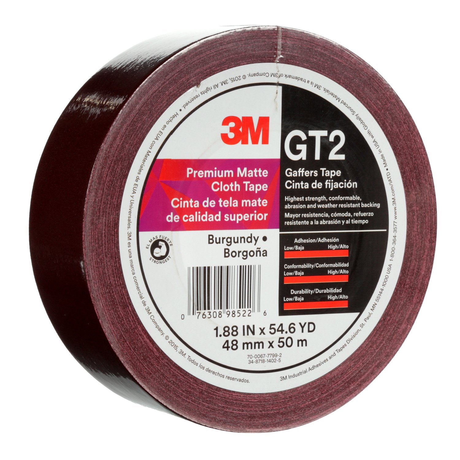 7010336134 - 3M Premium Matte Cloth (Gaffers) Tape GT2, Burgundy, 48 mm x 50 m, 11
mil, 24/Case