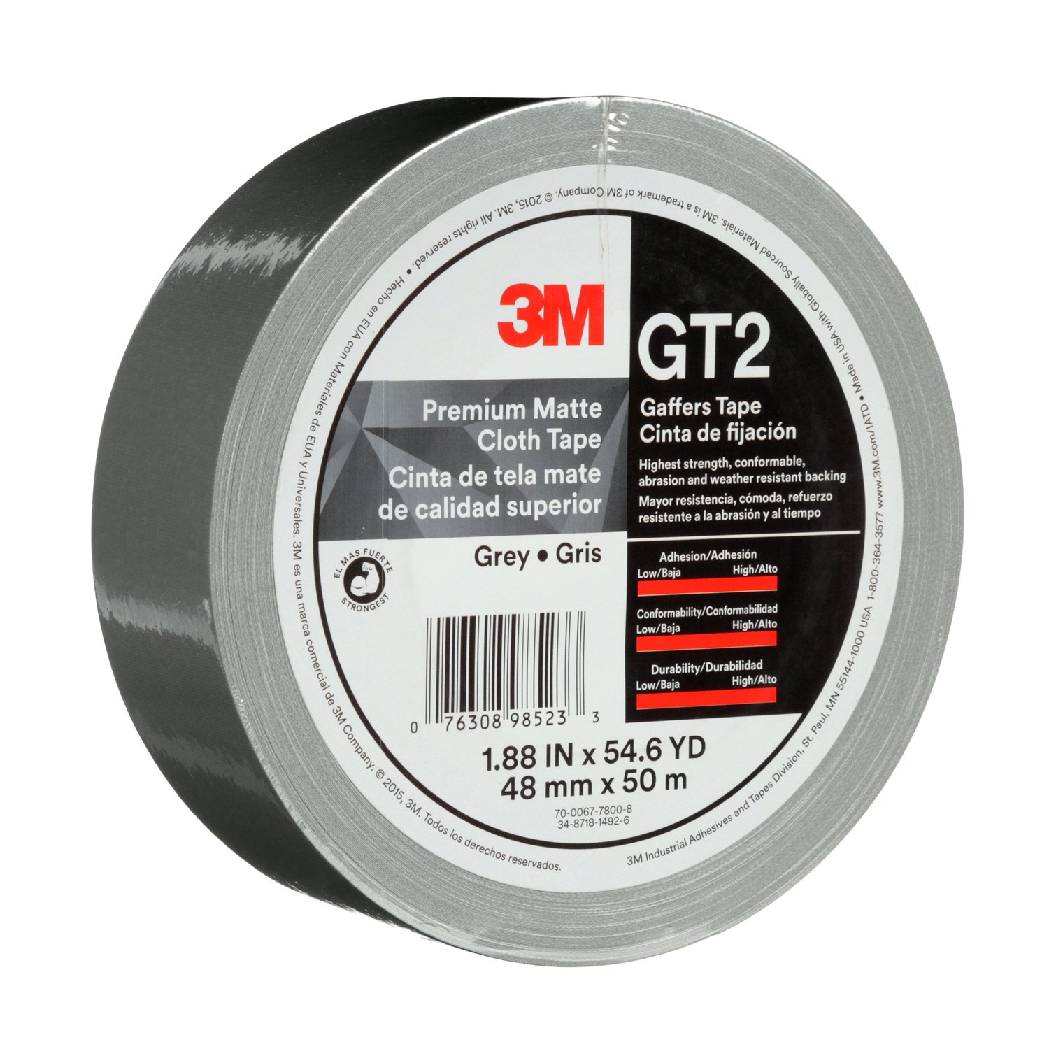 7010375518 - 3M Premium Matte Cloth (Gaffers) Tape GT2, Grey, 48 mm x 50 m, 11 mil,
24/Case