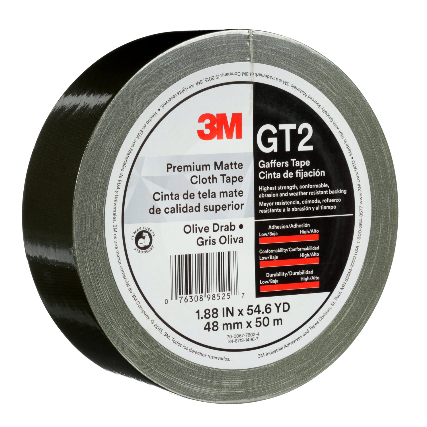 7010375519 - 3M Premium Matte Cloth (Gaffers) Tape GT2, Olive Drab, 48 mm x 50 m, 11
mil, 24/Case