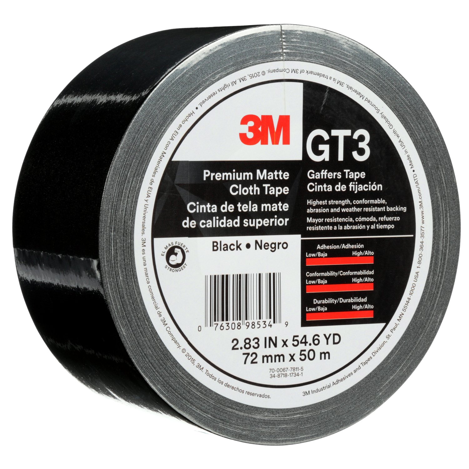 7010291525 - 3M Premium Matte Cloth (Gaffers) Tape GT3, Black, 72 mm x 50 m, 11 mil, 16/Case