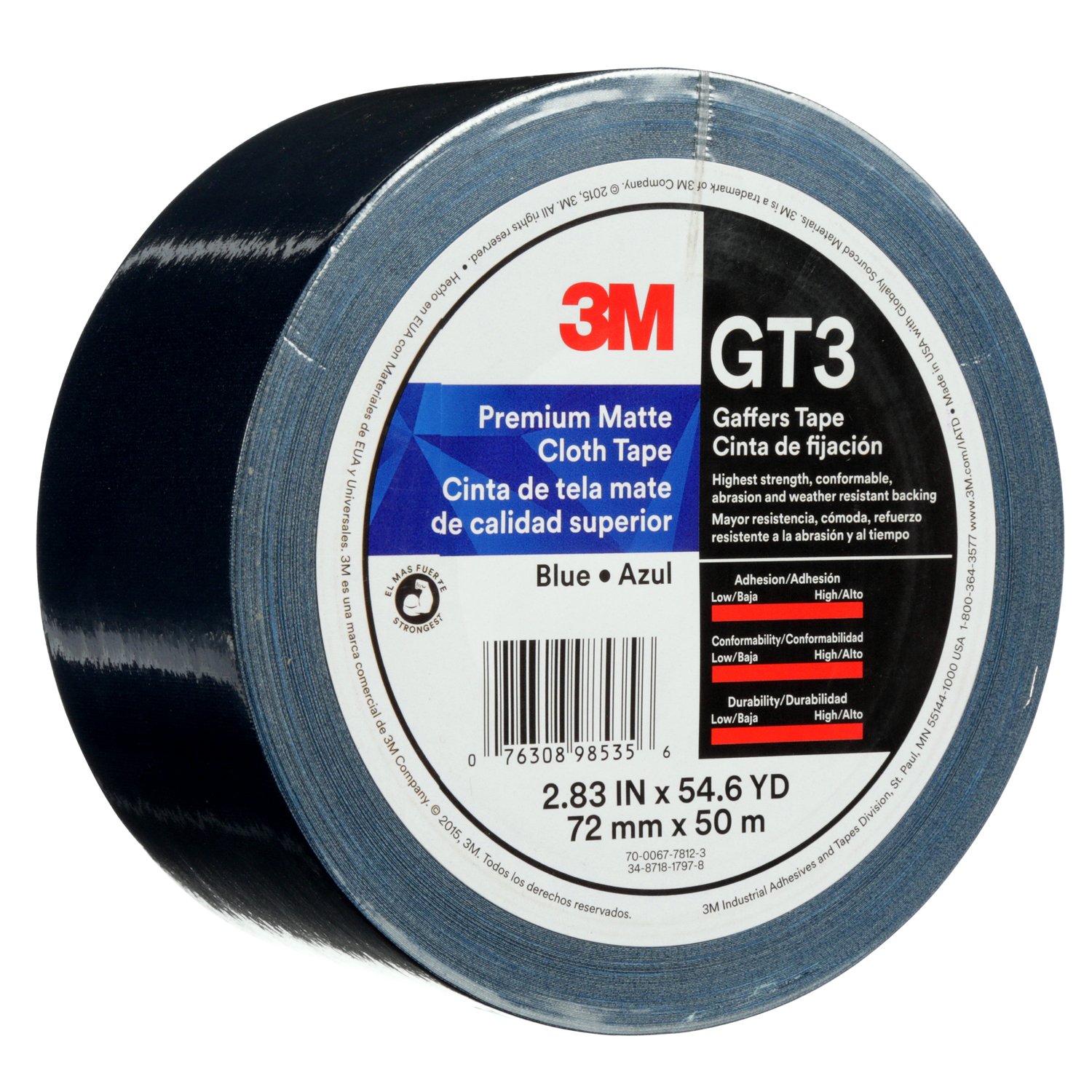 7010375523 - 3M Premium Matte Cloth (Gaffers) Tape GT3, Blue, 72 mm x 50 m, 11 mil,
16/Case