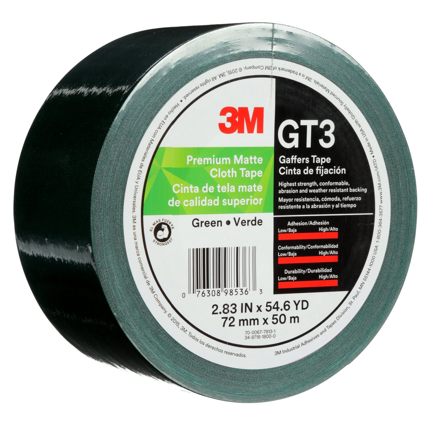 7010336138 - 3M Premium Matte Cloth (Gaffers) Tape GT3, Green, 72 mm x 50 m, 11 mil,
16/Case