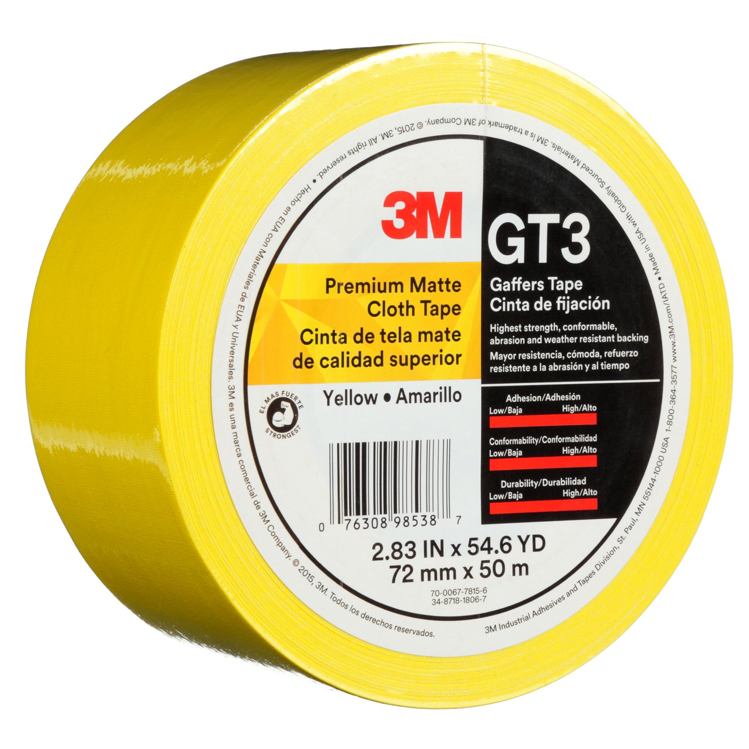 7010312519 - 3M Premium Matte Cloth (Gaffers) Tape GT3, Yellow, 72 mm x 50 m, 11
mil, 16/Case