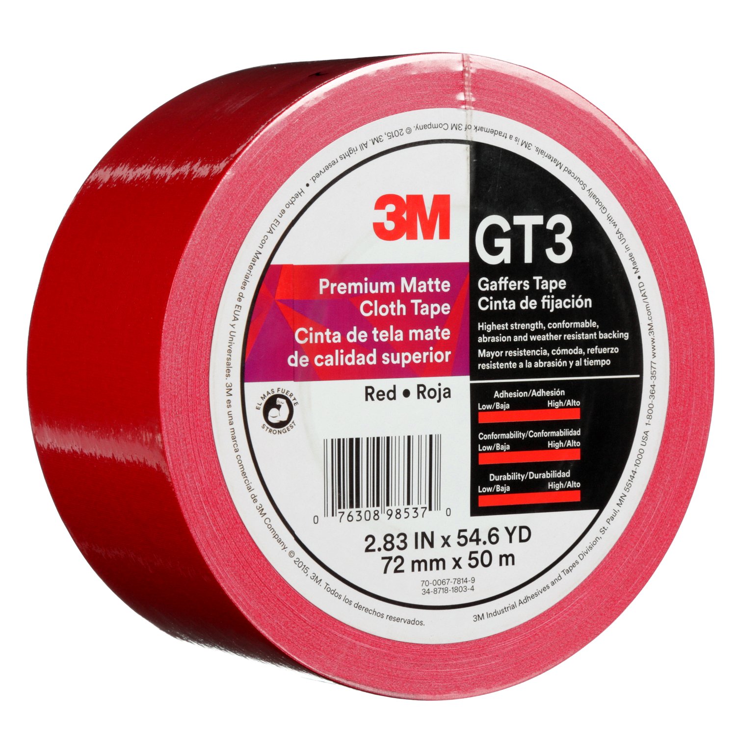 7010375524 - 3M Premium Matte Cloth (Gaffers) Tape GT3, Red, 72 mm x 50 m, 11 mil,
16/Case