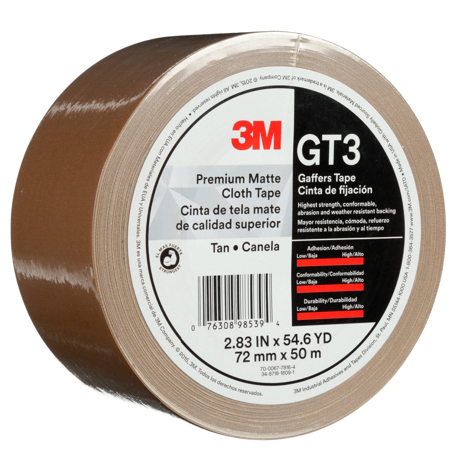 7010375525 - 3M Premium Matte Cloth (Gaffers) Tape GT3, Tan, 72 mm x 50 m, 11 mil,
16/Case