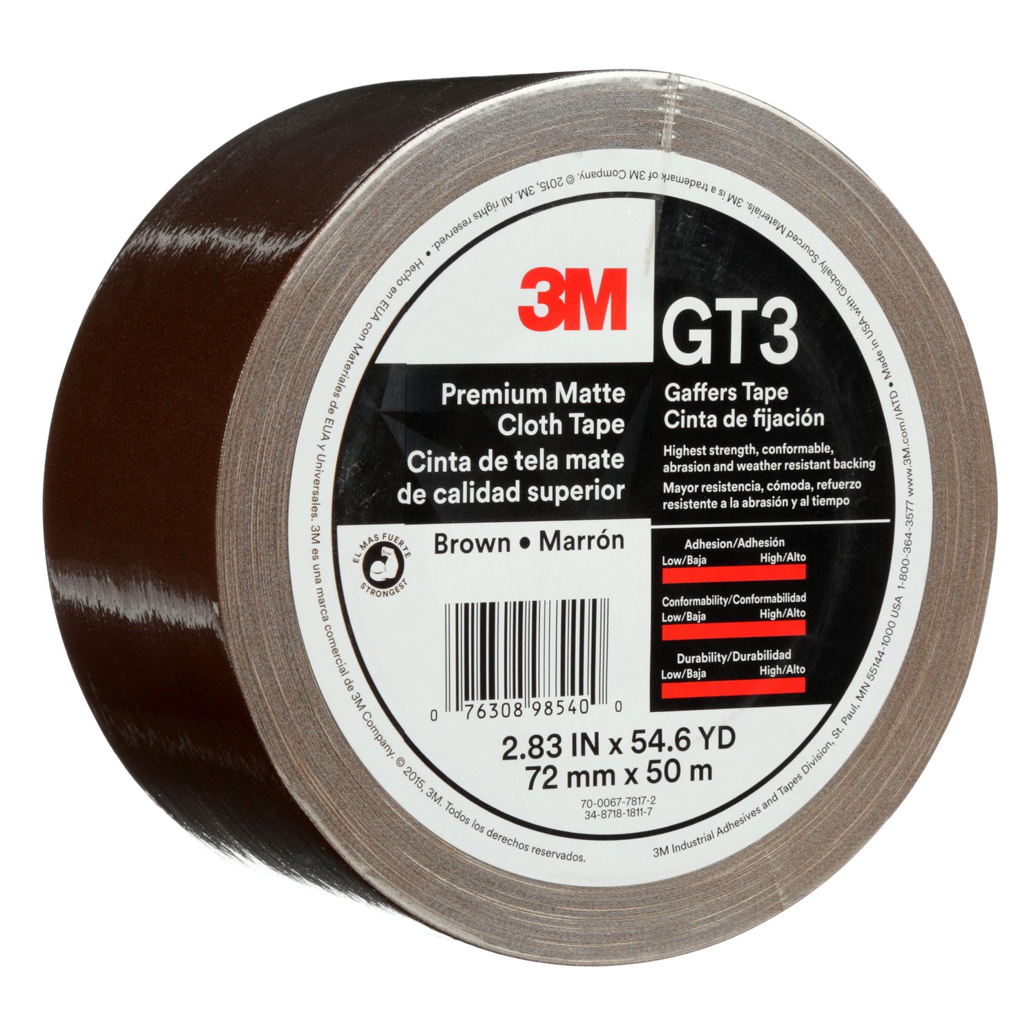 7010336139 - 3M Premium Matte Cloth (Gaffers) Tape GT3, Brown, 72 mm x 50 m, 11 mil,
16/Case