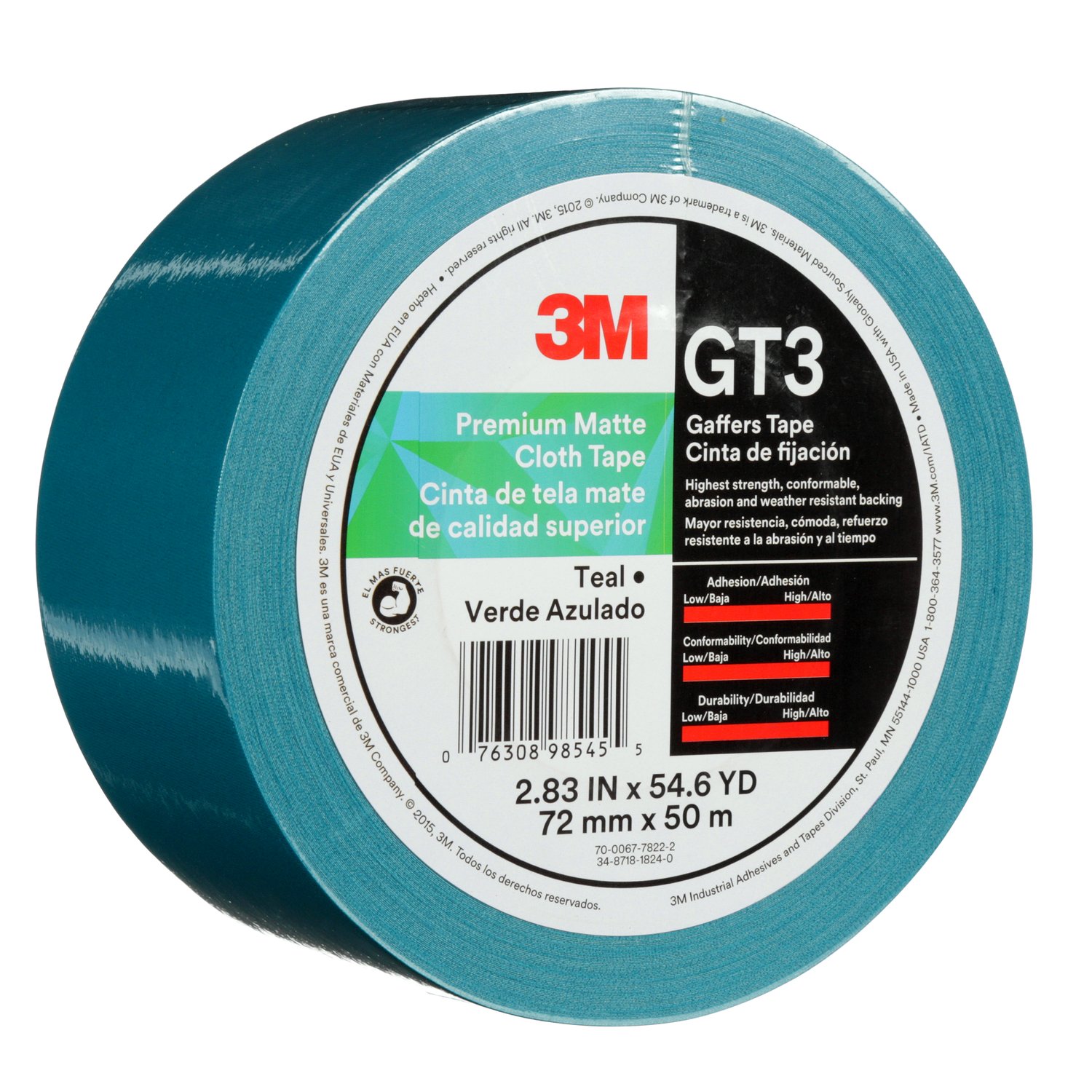 7010375528 - 3M Premium Matte Cloth (Gaffers) Tape GT3, Teal, 72 mm x 50 m, 11 mil,
16/Case