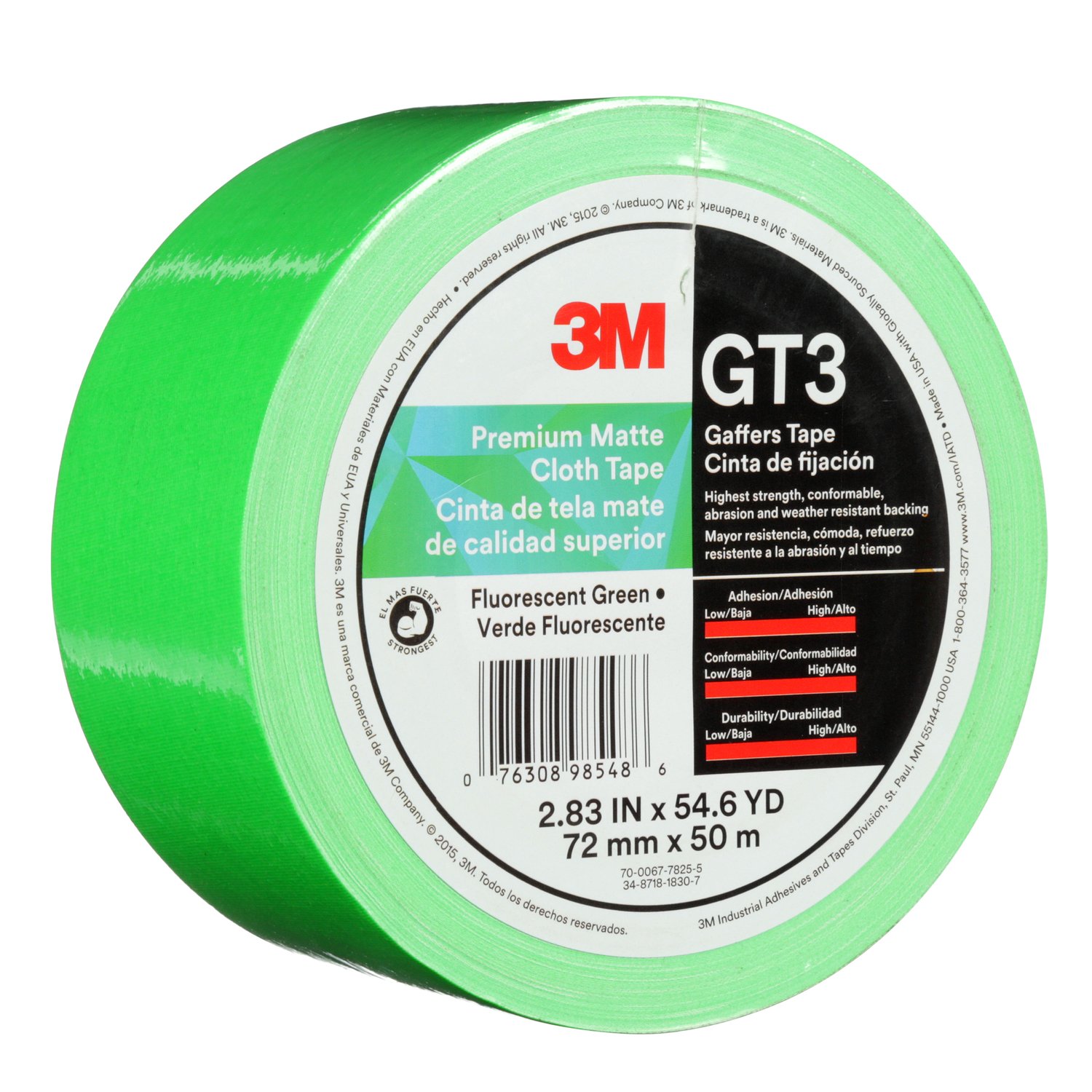 7010336141 - 3M Premium Matte Cloth (Gaffers) Tape GT3, Fluorescent Green, 72 mm x
50 m, 11 mil, 16/Case