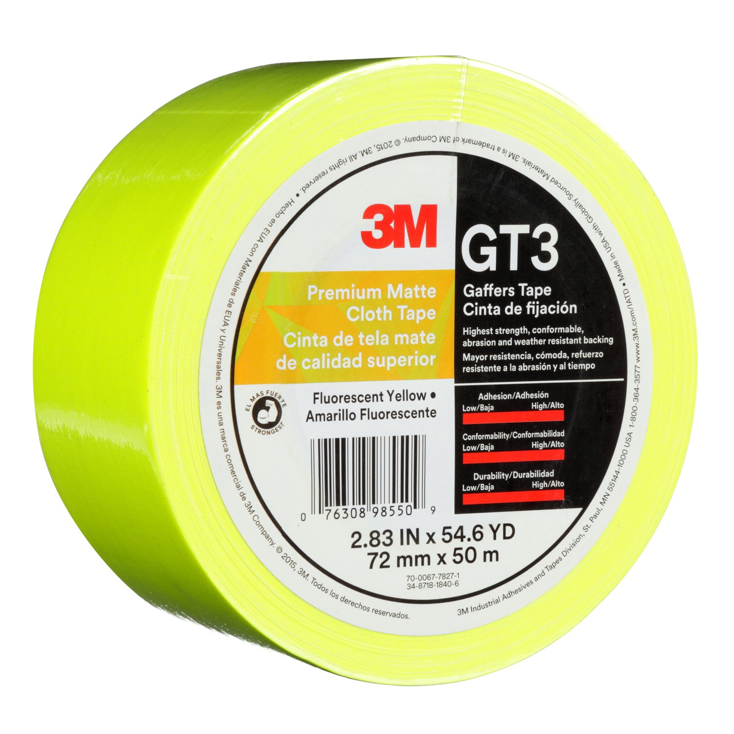 7010375530 - 3M Premium Matte Cloth (Gaffers) Tape GT3, Fluorescent Yellow, 72 mm x
50 m, 11 mil, 16/Case