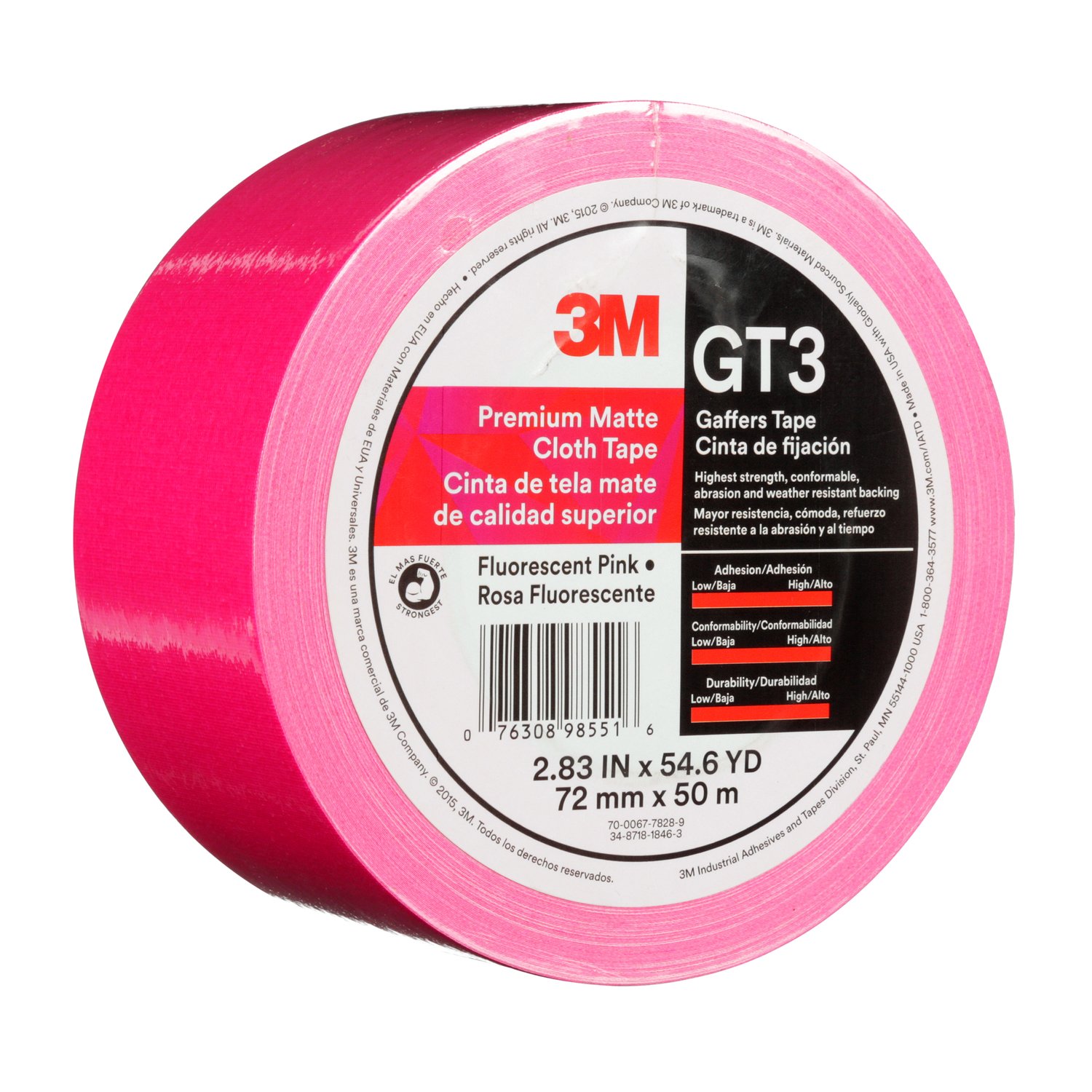 7010336142 - 3M Premium Matte Cloth (Gaffers) Tape GT3, Fluorescent Pink, 72 mm x 50
m, 11 mil, 16/Case