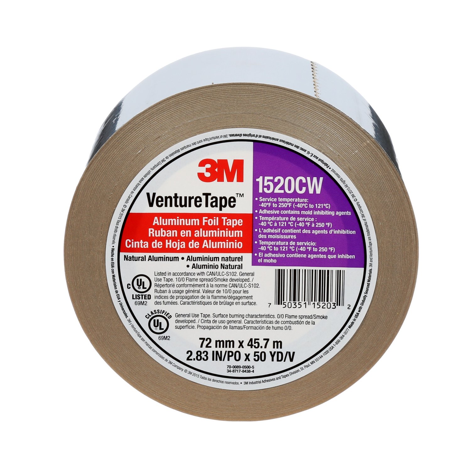 7100043713 - 3M Venture Tape Aluminum Foil Tape 1520CW, Silver, 72 mm x 45.7 m, 3.2 mil, 16 Rolls/Case