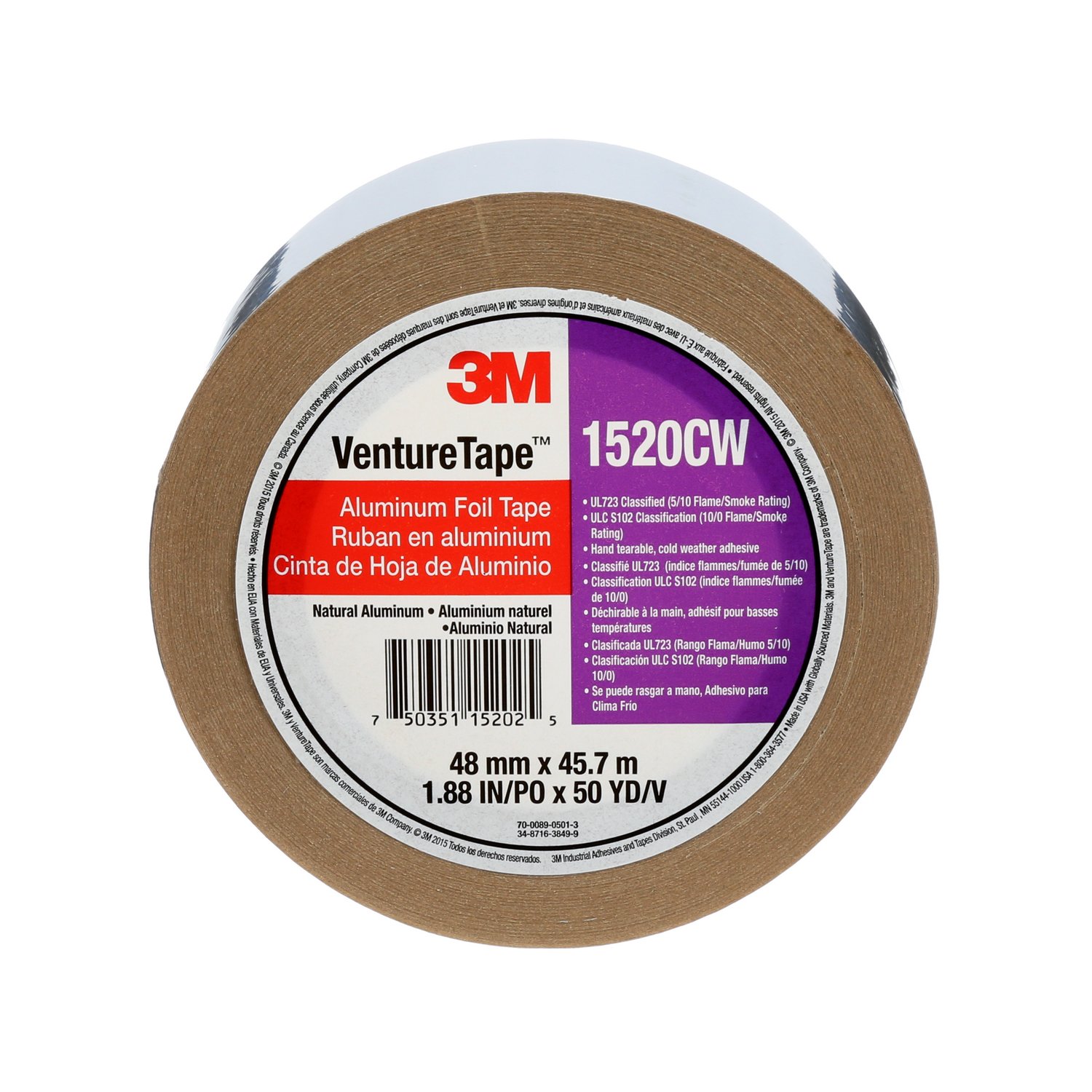7100043715 - 3M Venture Tape Aluminum Foil Tape 1520CW, Silver, 48 mm x 45.7 m, 3.2 mil, 24 Rolls/Case