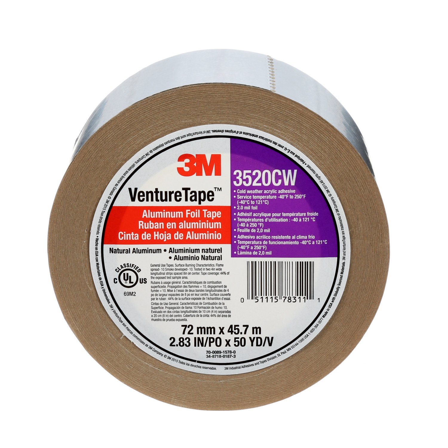 7100043750 - 3M Venture Tape Aluminum Foil Tape 3520CW, Silver, 72 mm x 45.7 m, 3.7 mil, 16 Rolls/Case