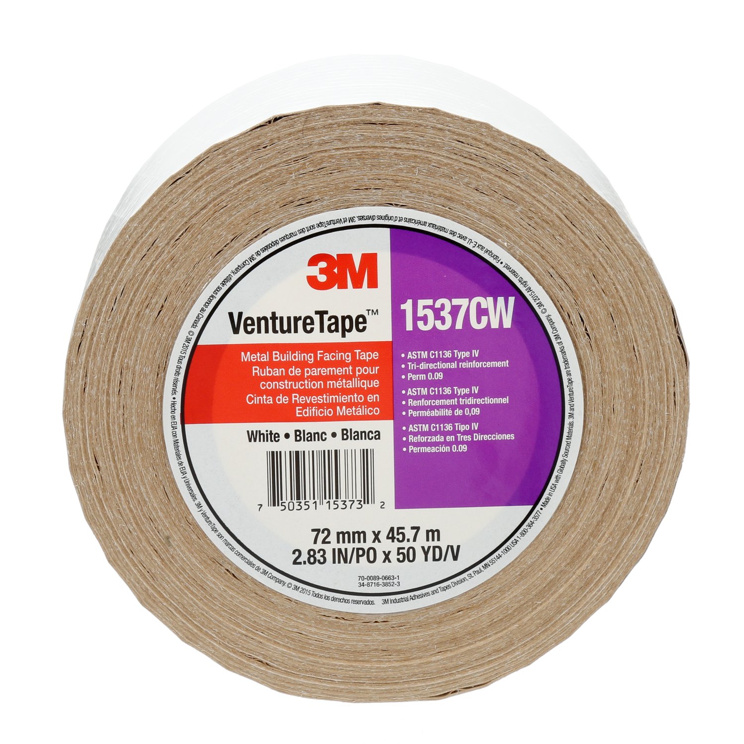 7100043751 - 3M Venture Tape Metal Building Facing Tape 1537CW, White, 72 mm x 45.7 m, 16 Rolls/Case
