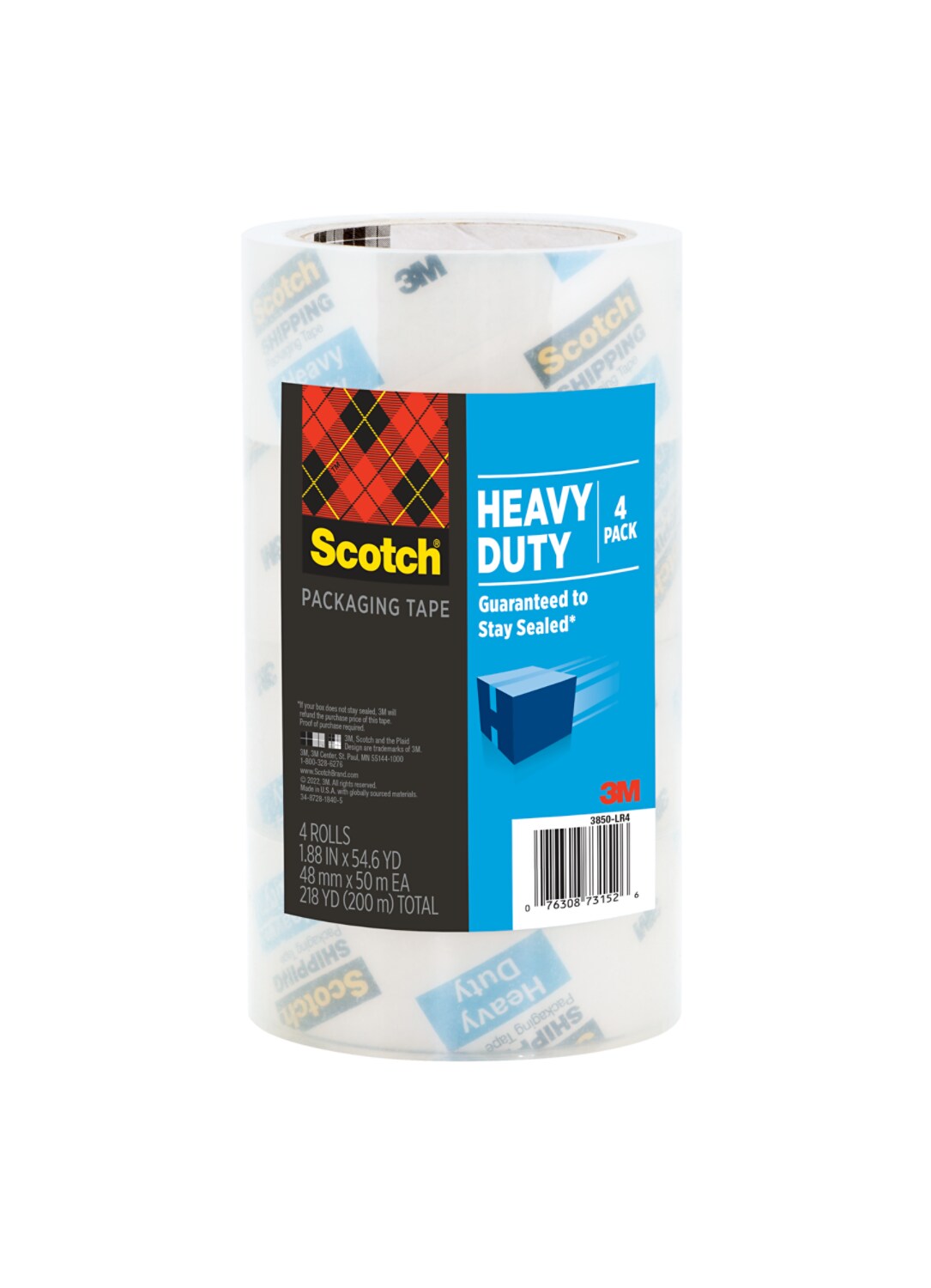 7100330535 - Scotch Heavy Duty Packaging Tape 3850-LR4-4CC, 1.88 in x 54.6 yd (48 mm x 50 m), 4 Pack