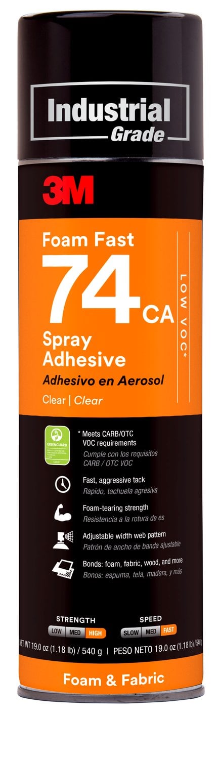 7000121419 - 3M Foam Fast Spray Adhesive 74CA, Low VOC <25%, Clear, 24 fl oz (Net Wt 19 oz), 1 Can/Case, Sample