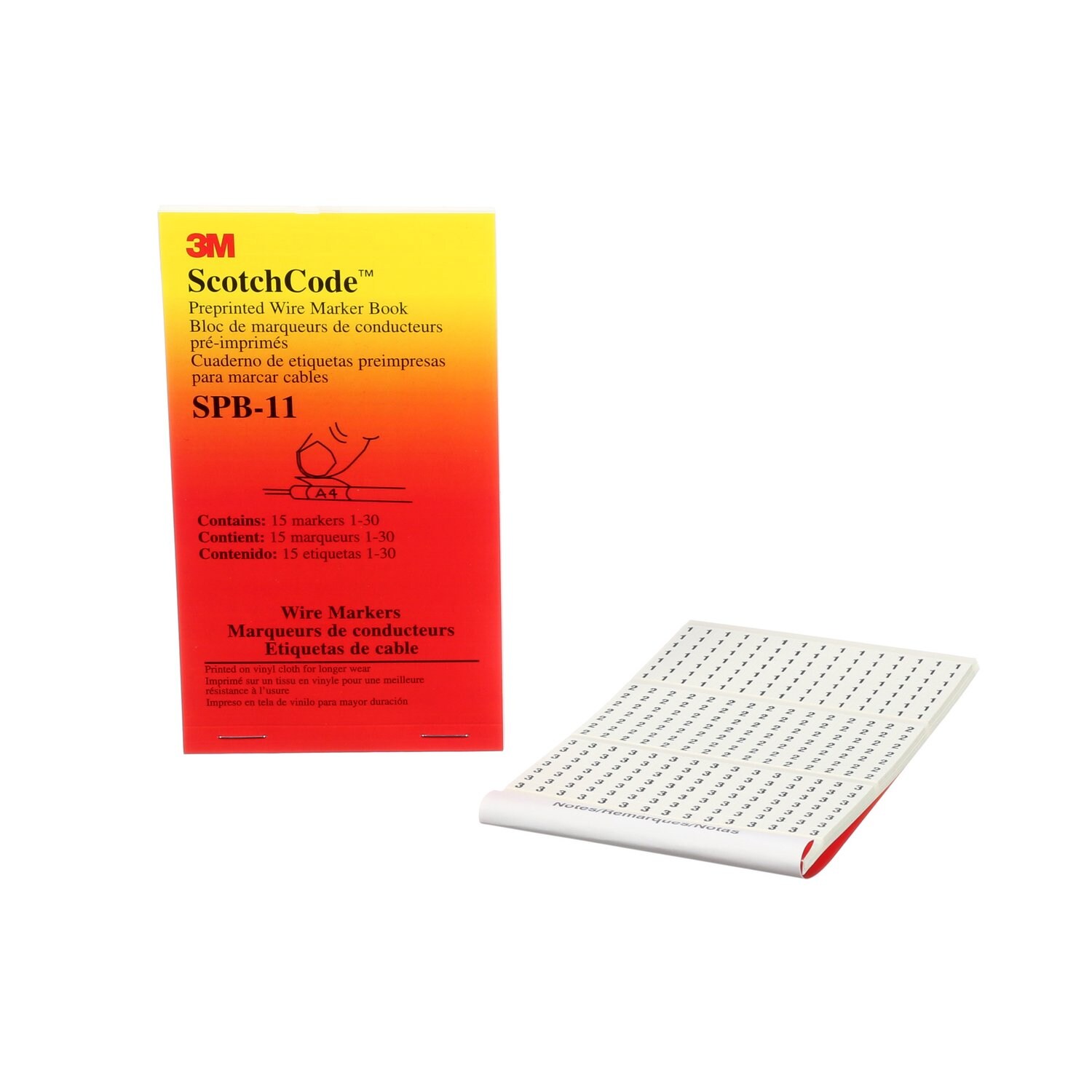 7000132484 - 3M ScotchCode Pre-Printed Wire Marker Book SPB-11, black print on a white background highlights the characters, 5/Bag