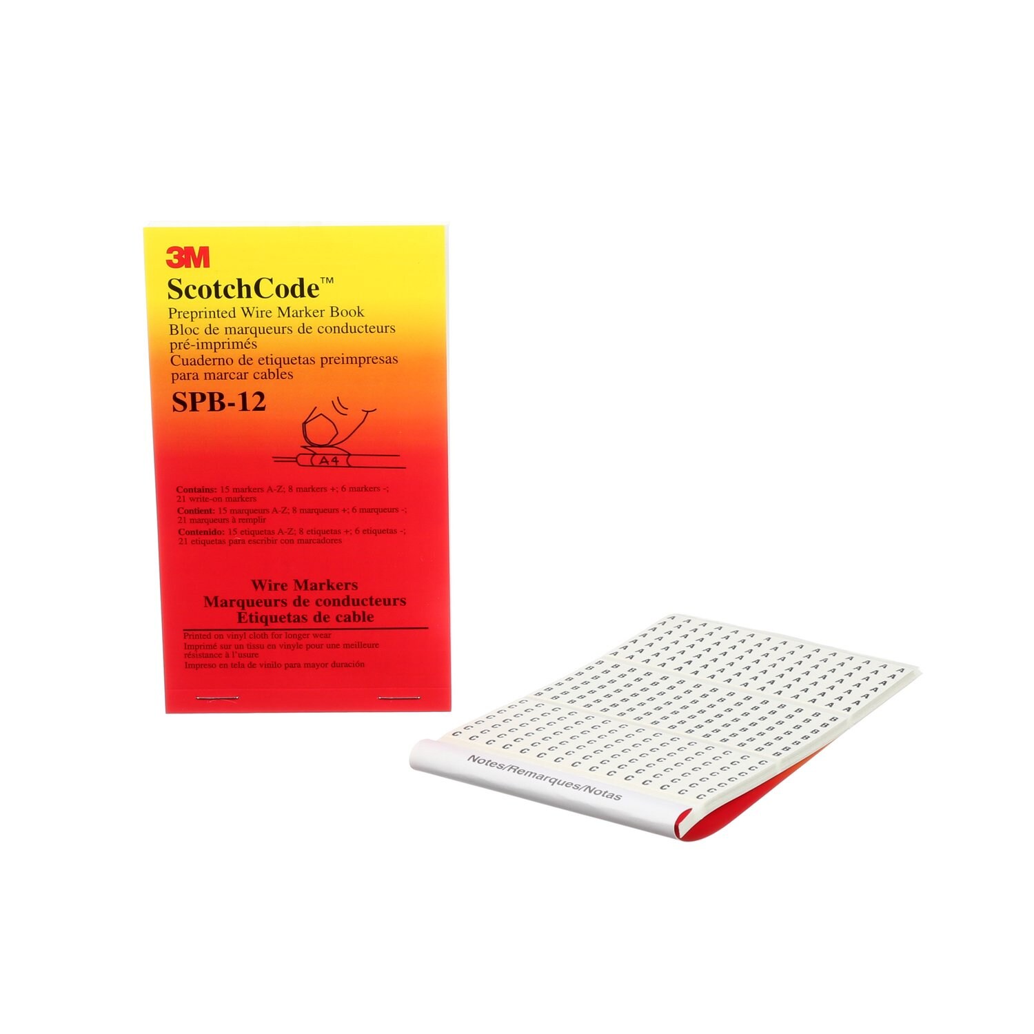 7000132485 - 3M ScotchCode Pre-Printed Wire Marker Book SPB-12, black print on a white background highlights the characters, 5/Bag