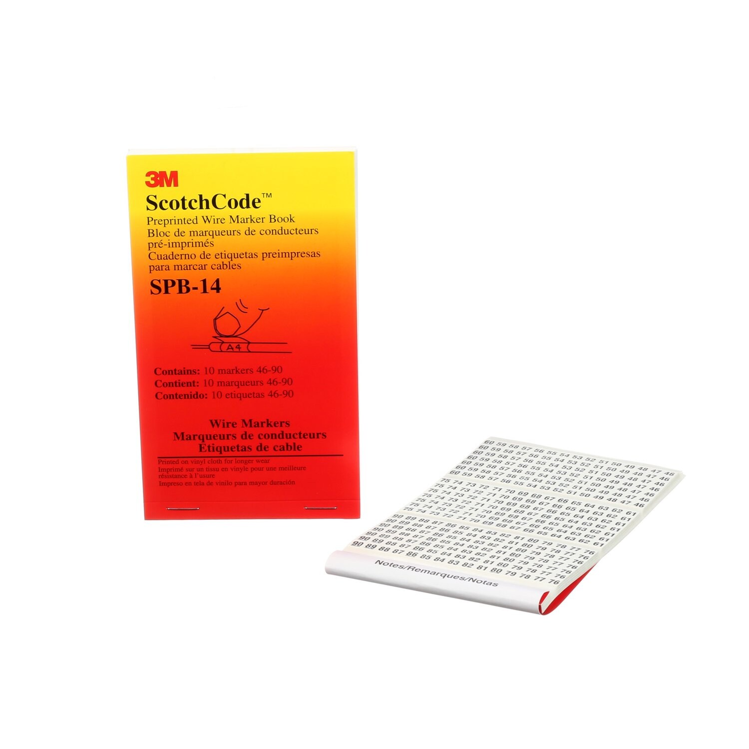 7000132487 - 3M ScotchCode Pre-Printed Wire Marker Book SPB-14, black print on a white background highlights the characters, 5/Case
