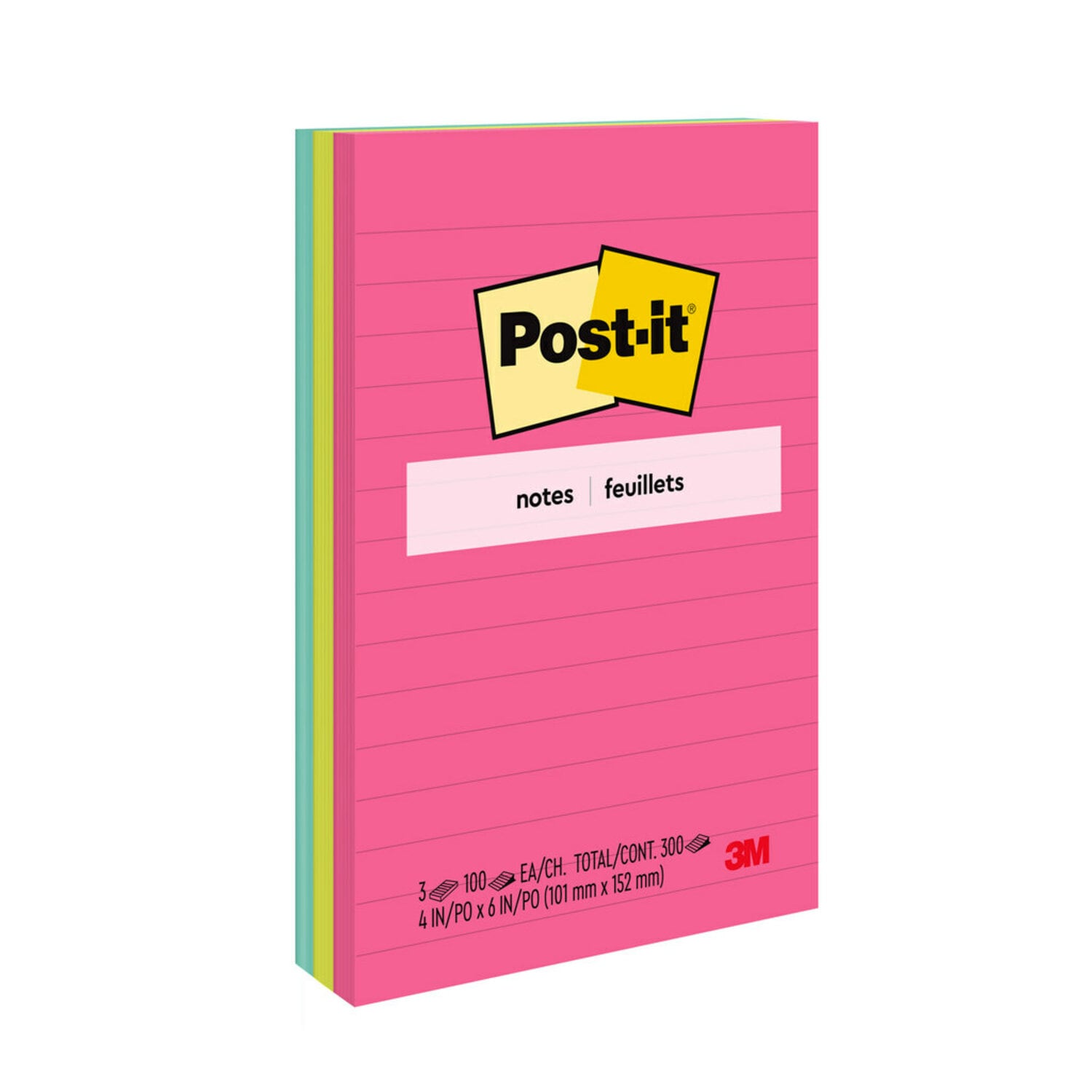 7100063131 - Post-it Notes 660-3AN, 4 in x 6 in (101 mm x 152 mm), Poptimistic Collection, Lined, 3 Pads/Pack