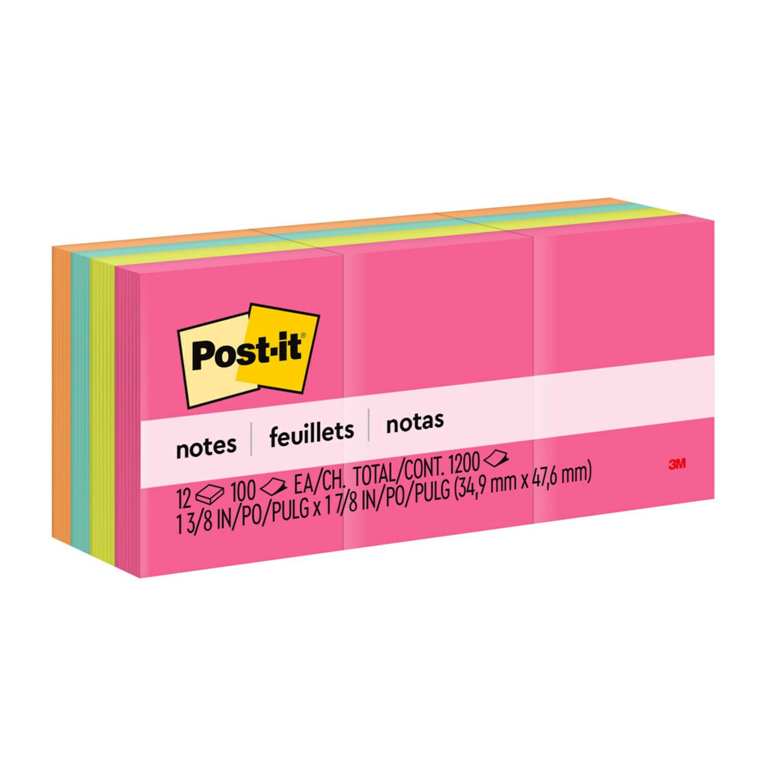 7100244975 - Post-it Notes 653AN, Poptimistic Colors, 38 mm x 51 mm, 12x100 Sheets/Pack, 36 Packs/Case, 100% PEFC, SGSCH-PEFC-COC-110078