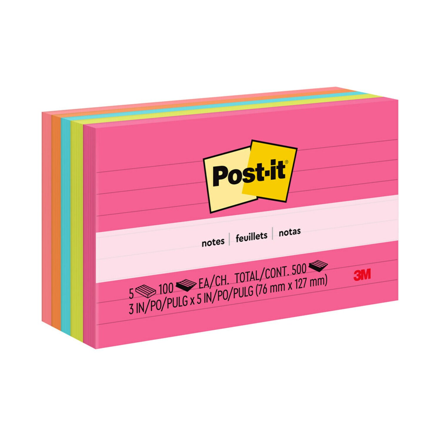 7100243769 - 635-5AN Post-it Notes, Capetown Colors, Lined, 3 in x 5 in (76 mm x 127 mm), 100% PEFC, SGSCH-PEFC-COC-110078