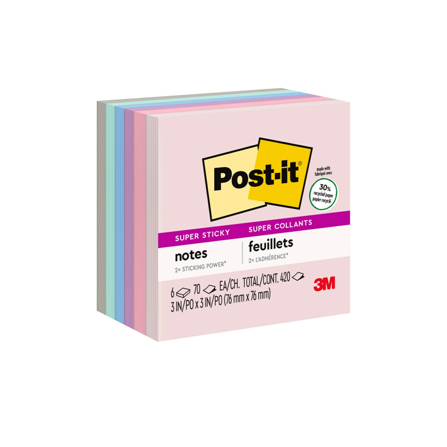 7100243600 - Post-it Super Sticky Recycled Notes 654-6SSNRP, 3 in x 3 in (76 mm x 76 mm) Bali Colors
