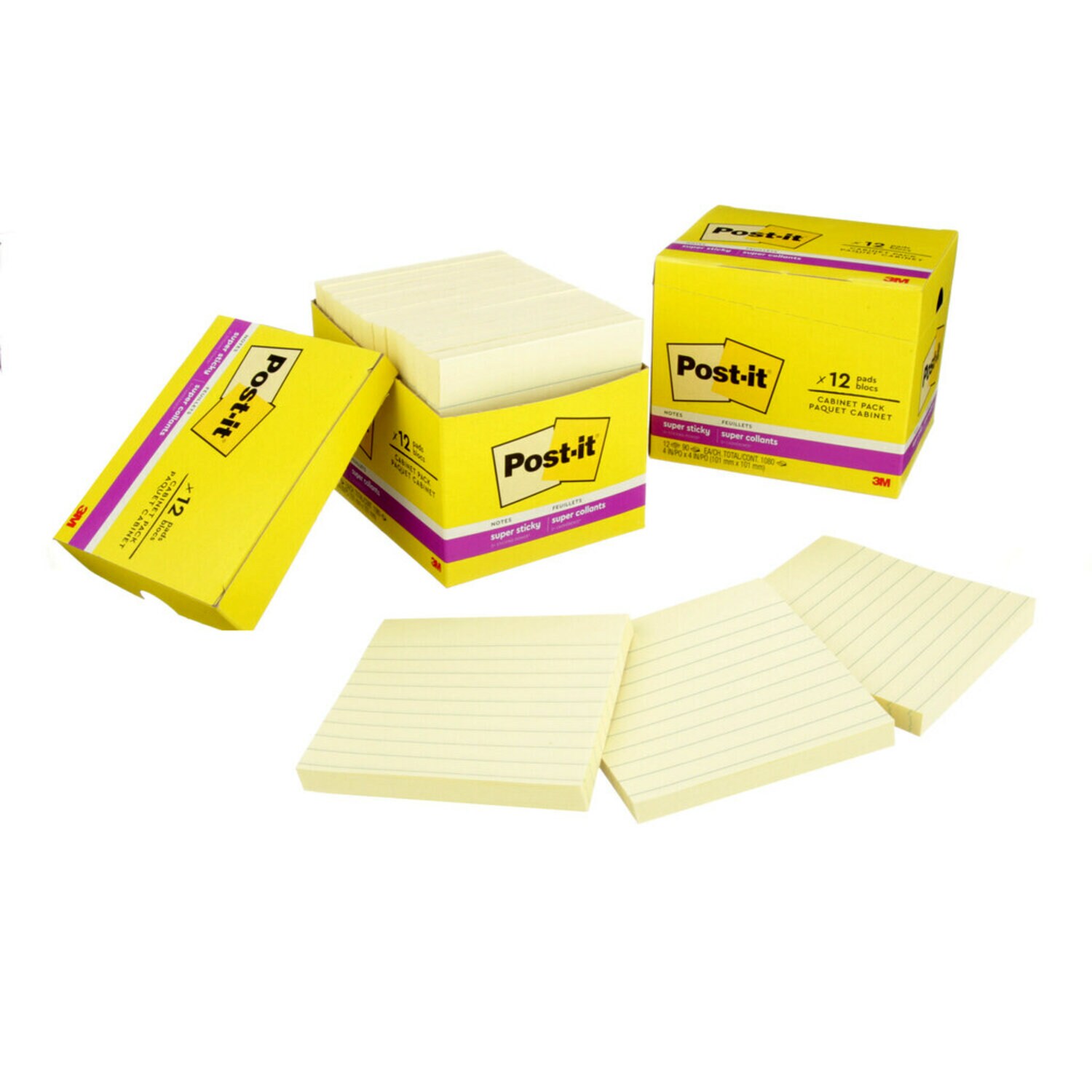 7010370064 - Post-it Super Sticky Notes 675-12SSCP, Canary, Lined, 4 in x 4 in, 12 Pads in Cabinet Pack, 100% PEFC, SGSCH-PEFC-COC-110078