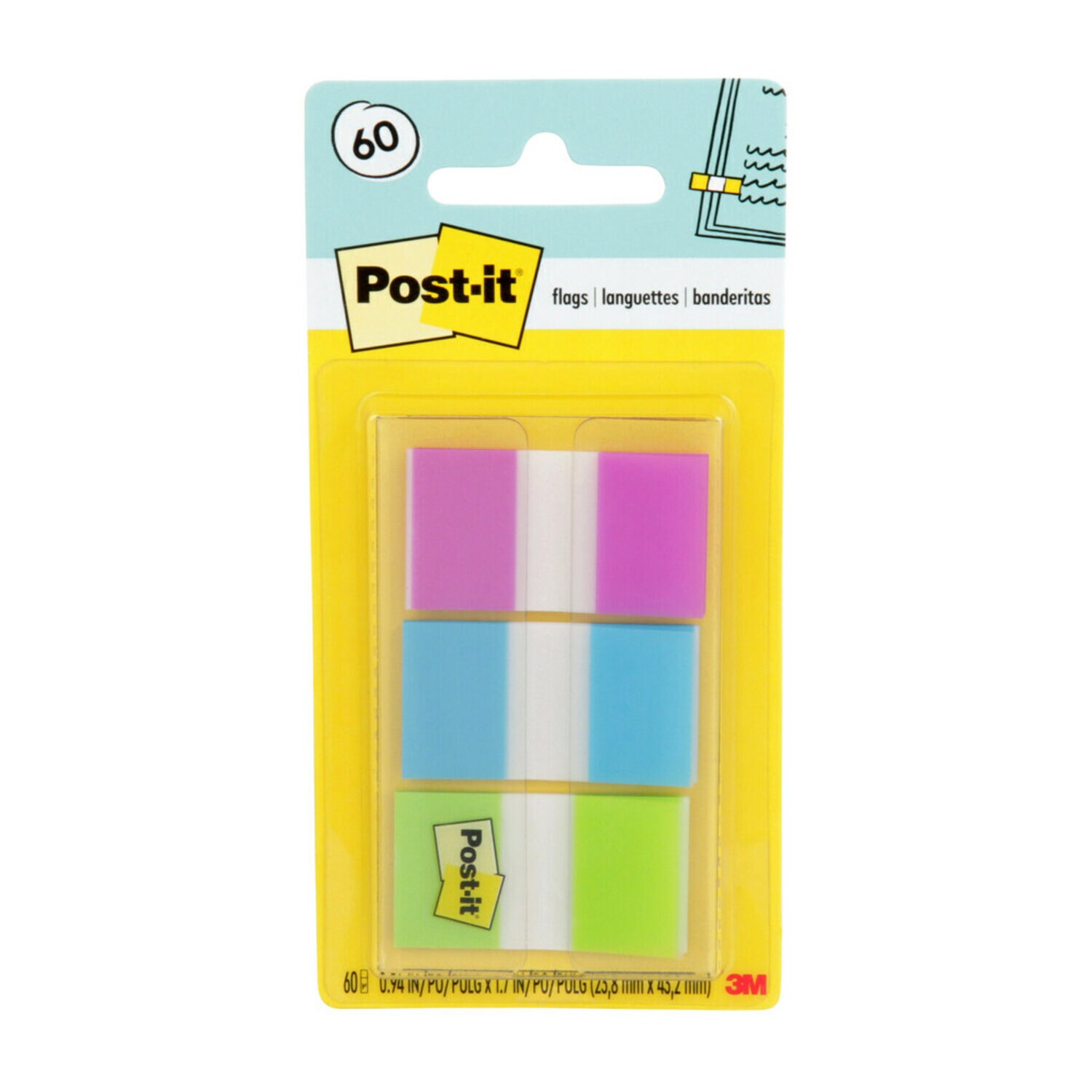 7010384953 - Post-it Flags 680-PBG, .94 in. x 1.7 in. (23.8 mm x 43.2 mm) Purple, Blue, Green, 24 pk/cs