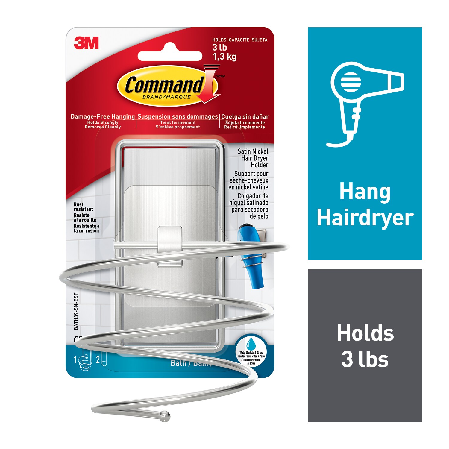 7100359285 - Command Hair Dryer Holder BATH39-SN-ESF, Satin Nickel