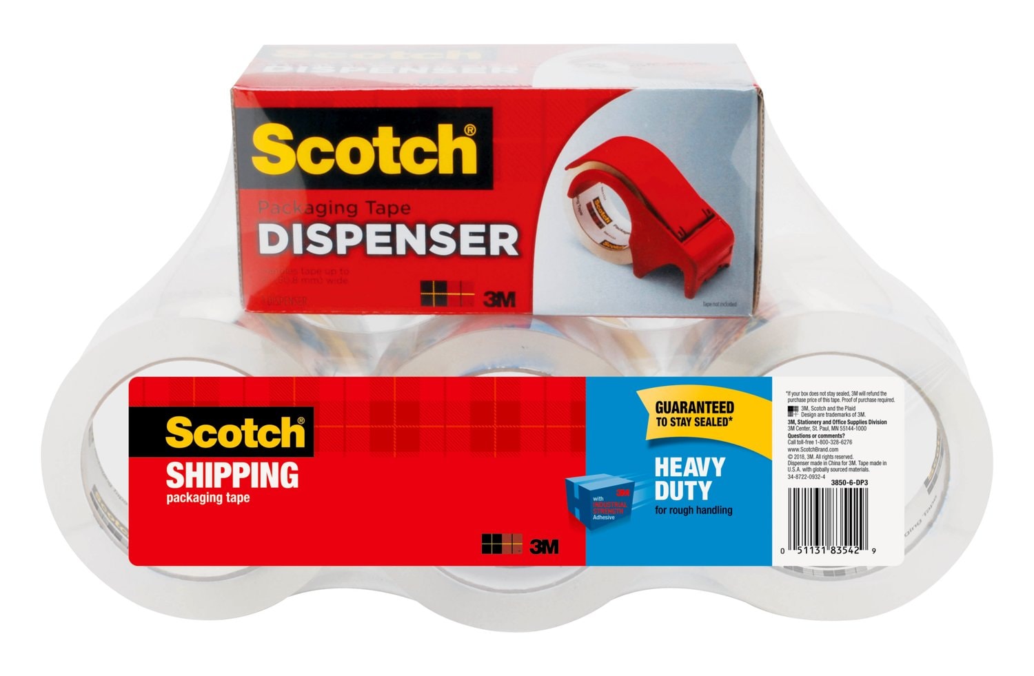 7100159392 - Scotch Heavy Duty Shipping Packaging Tape, 3850-6-DP3, 1.88 in x 54.6
yd (48 mm x 50 m), 6 rolls of 3850 plus 1 DP-300 dispenser