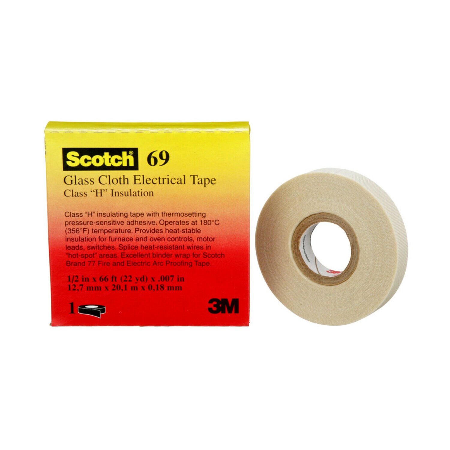 7000145501 - 3M Glass Cloth Electrical Tape 69, 1/2 in x 66 ft, White, 50 Rolls/Case