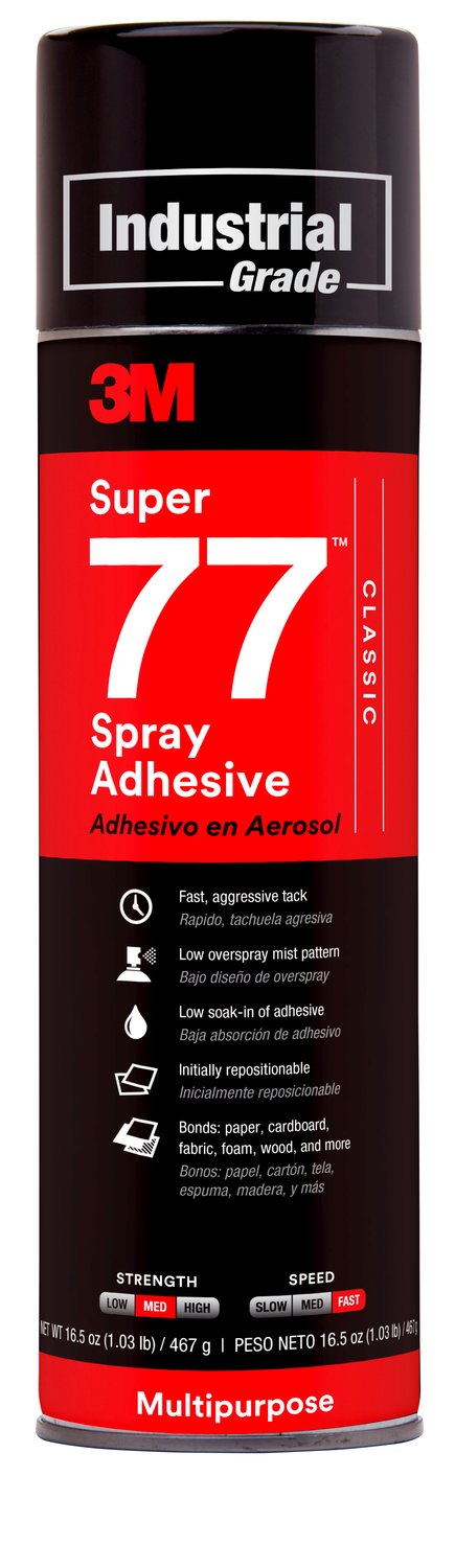 7000028592 - 3M Super 77 Classic Spray Adhesive, Clear, 24 fl oz Can (Net Wt 16.5 oz), 12/Case, NOT FOR SALE IN CA AND OTHER STATES