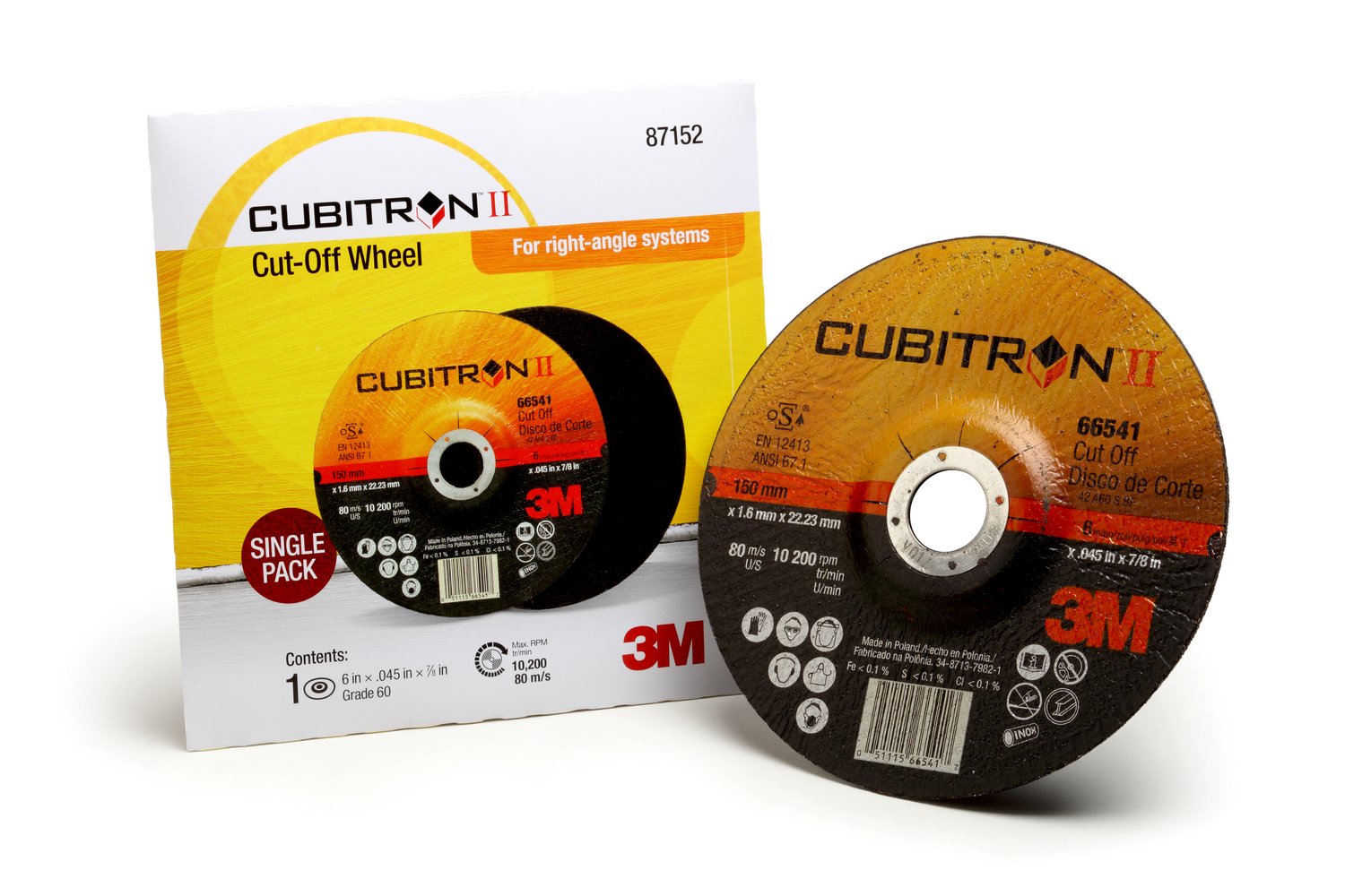 7100119177 - 3M Cubitron II Cut Off Wheel, 87152, T27, 6 in x .045 in x 7/8 in,
Single Pack, 10 ea/Case