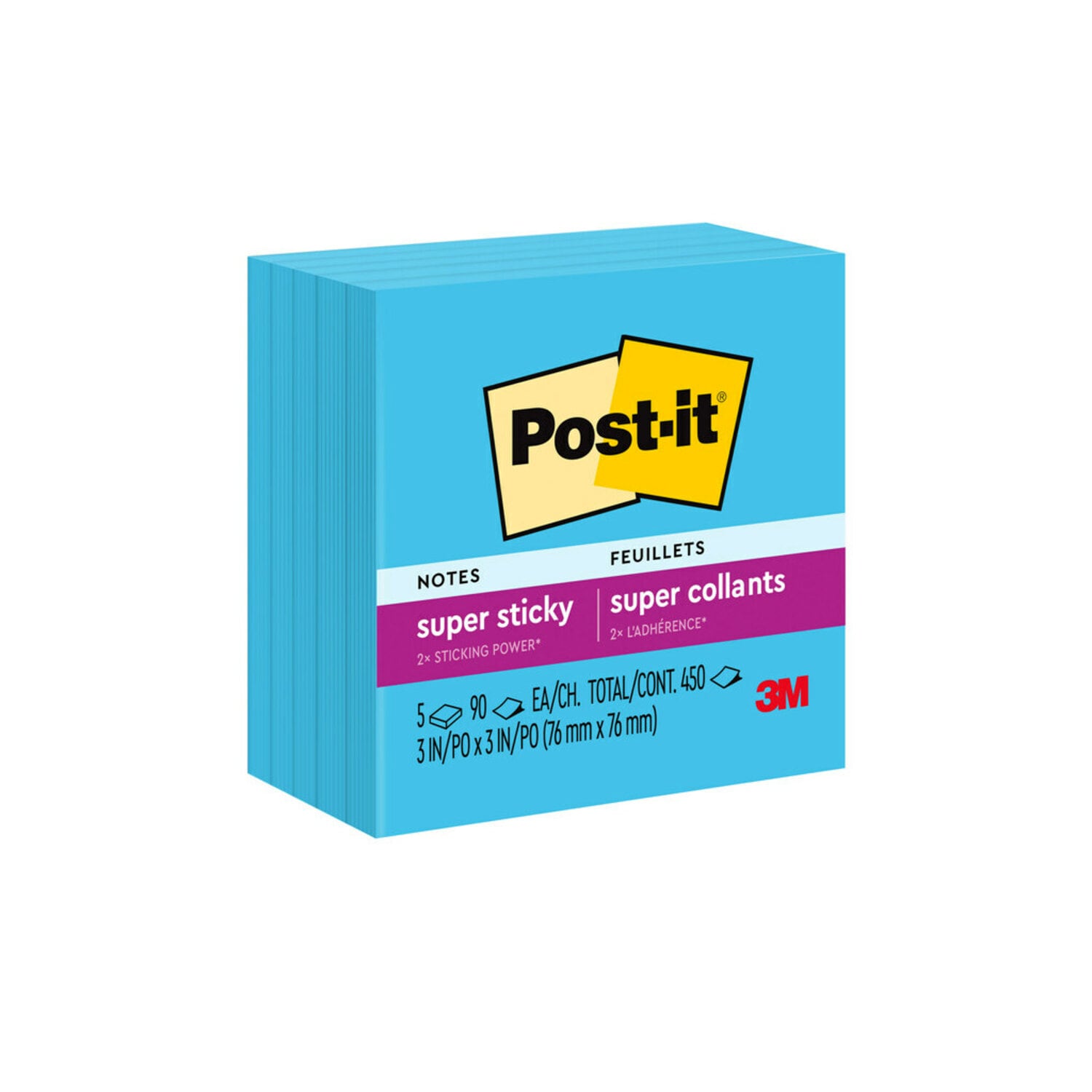 7100229632 - Post-it Super Sticky Notes 654-5SSBE, Electric Blue, 3 in x 3 in (76 mm x 76 mm), 100% PEFC, SGSCH-PEFC-COC-110078