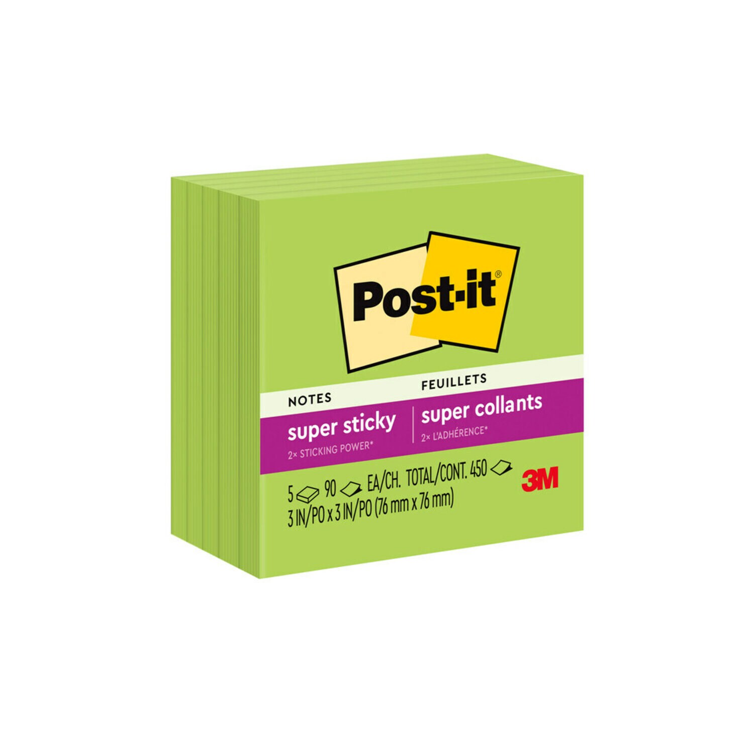 7100230163 - Post-it Super Sticky Notes 654-5SSLE, 3 in x 3 in (76 mm x 76 mm), Limeade