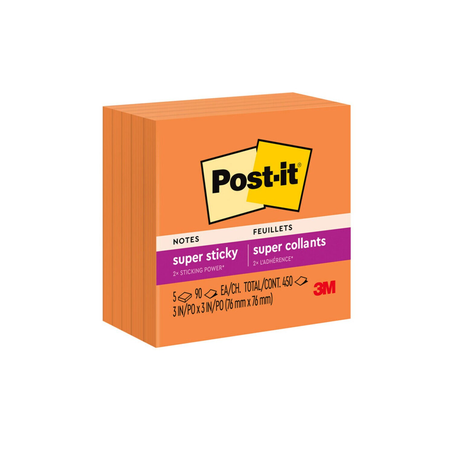 7100230175 - Post-it Super Sticky Notes 654-5SSNO, Neon Orange, 3 in x 3 in (76 mm x 76 mm), 100% PEFC, SGSCH-PEFC-COC-110078