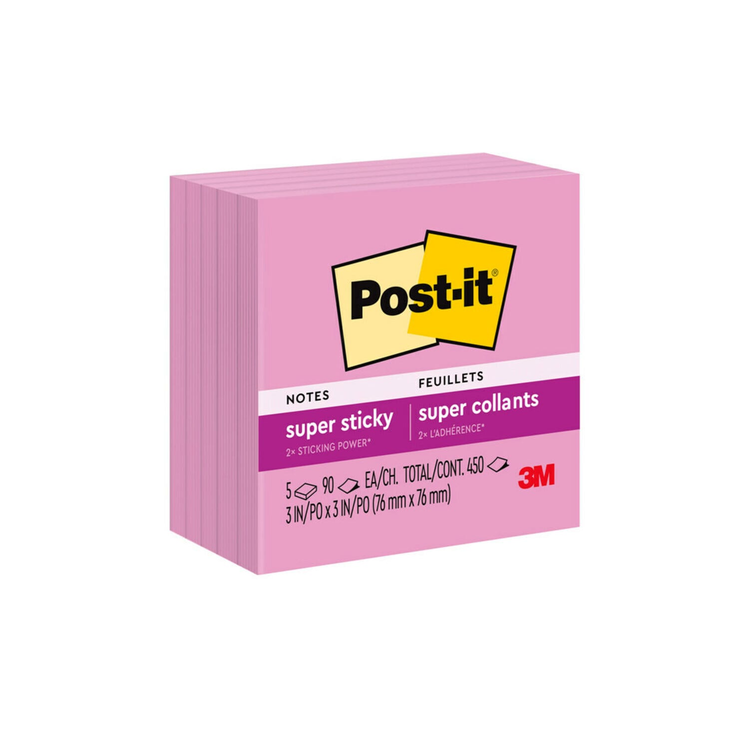 7100230152 - Post-it Super Sticky Notes 654-5SSNP, 3 in x 3 in (76 mm x 76 mm), Neon Pink