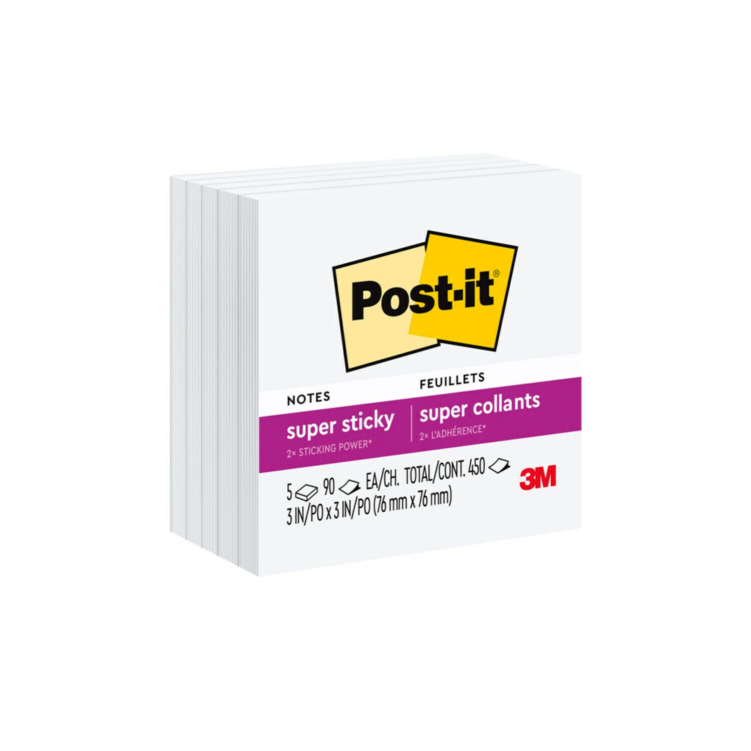 7010371217 - Post-it Super Sticky Notes 654-5SSW, 3 in x 3 in (76 mm x 76 mm), White, 5 Pads/Pack, 90 Sheets/Pad