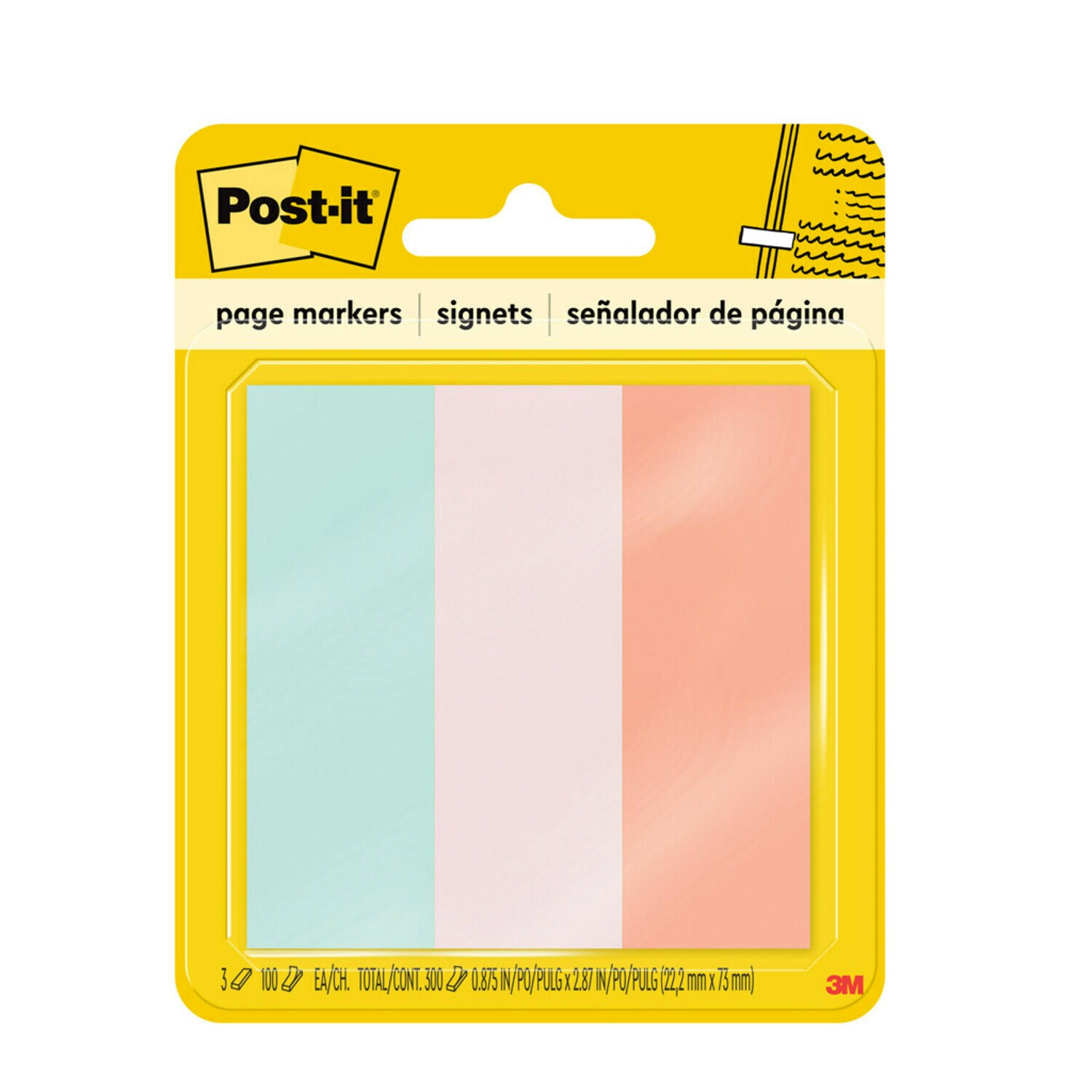 7100034056 - Post-it Page Markers 5487, 7/8 in x 2-7/8 in Neon 100sht/pd, 3pd/pk, 100% PEFC, SGSCH-PEFC-COC-110078