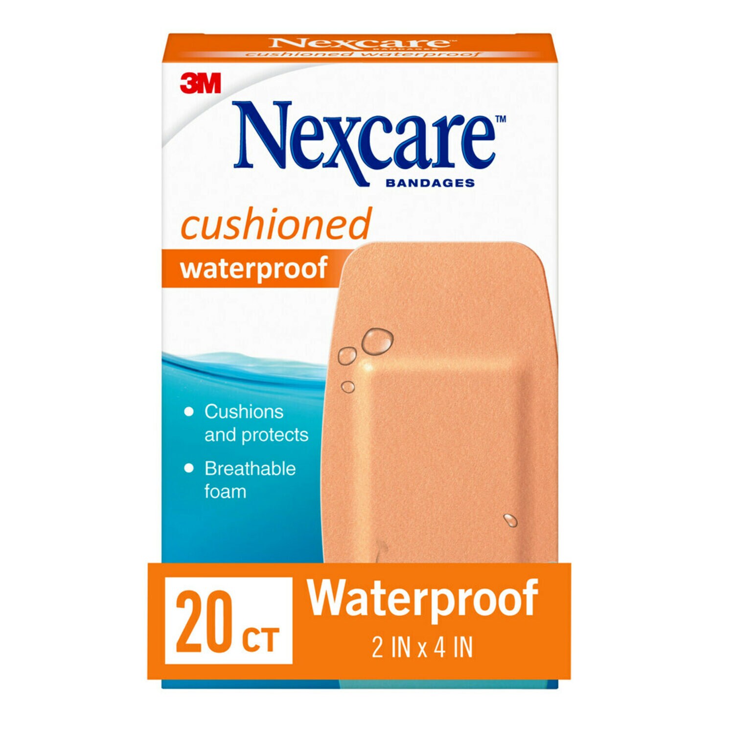 7100288405 - Nexcare Waterproof Cushioned Foam Bandages Knee & Elbow 20 ct. 522-20CB-CA, 2 in x 4 in (50 mm x 101 mm)