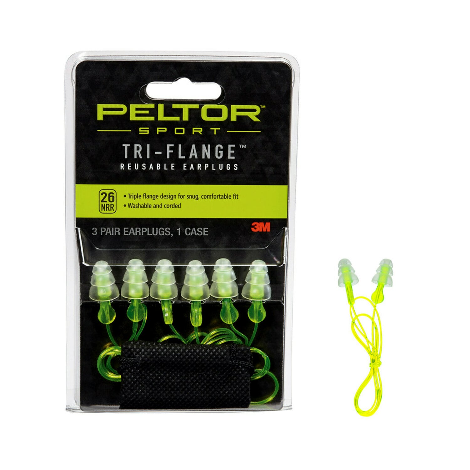 7010336385 - Peltor Sport Tri-Flange Corded Reusable Earplugs 97317-10C, 3 Pair Pack Neon Yellow