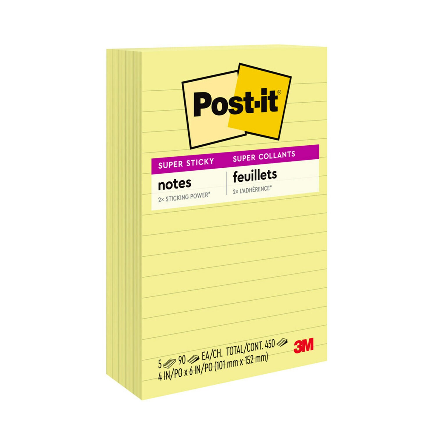 7000052459 - Post-it Super Sticky Notes 660-5SSCY, Canary Yellow, Lined, 4 in x 6 in, 90sht/pd, 5pd/pk, 100% PEFC, SGSCH-PEFC-COC-110078